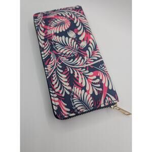 Tropical Leaf Print Zip Around Long Wallet Clutch – Navy Blue & Fuchsia Pink